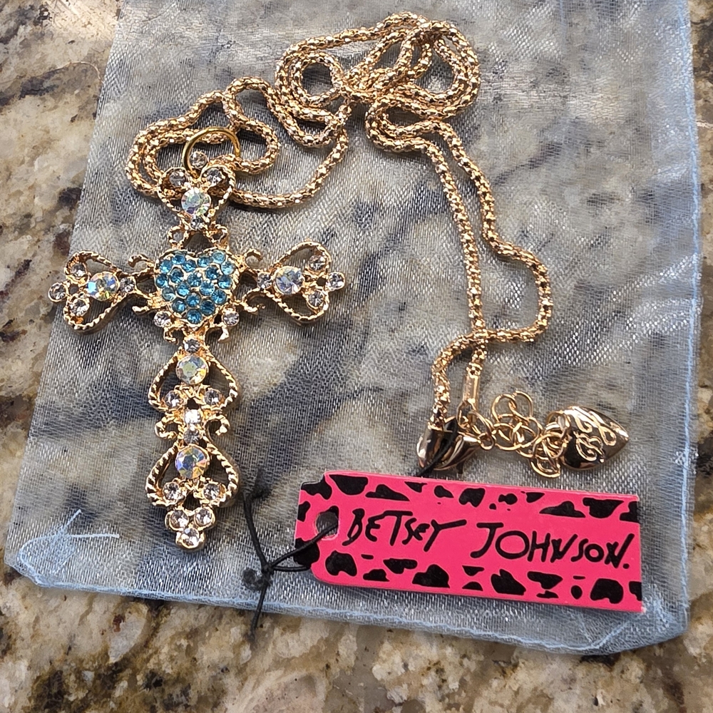 Betsey Johnson Gold-Tone Cross Necklace with Blue and Iridescent Crystals